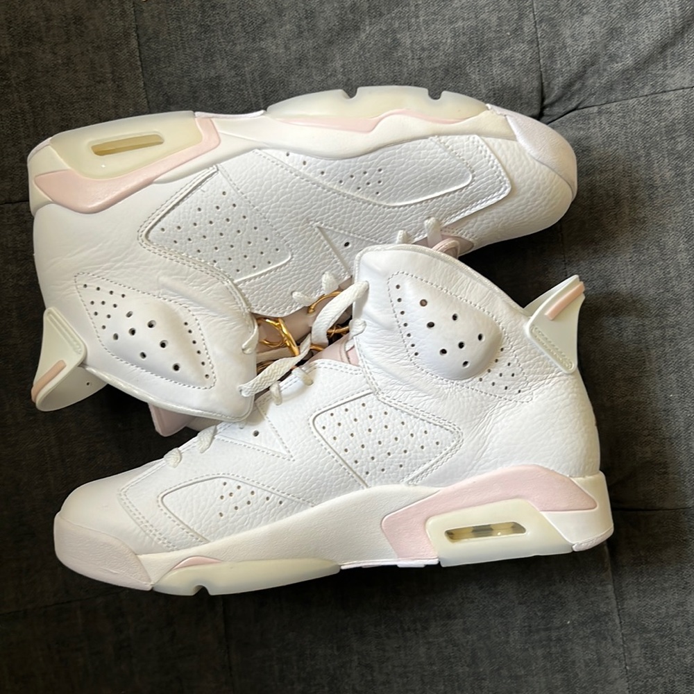 Jordan 6 Retro gold hoops, barely rose women 11, men 9.5